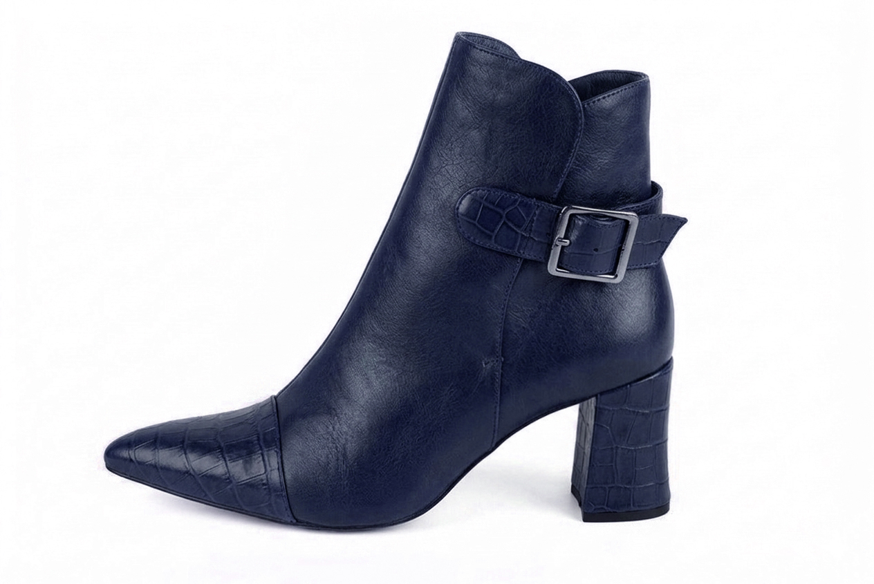 Women's navy blue back-buckle ankle boots with almond toe and mid flared heel - Profile view